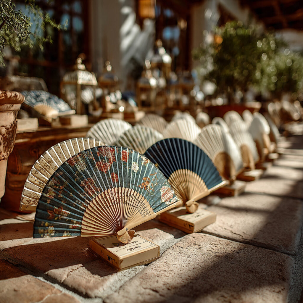 elegant wooden handled hand fans arranged for an