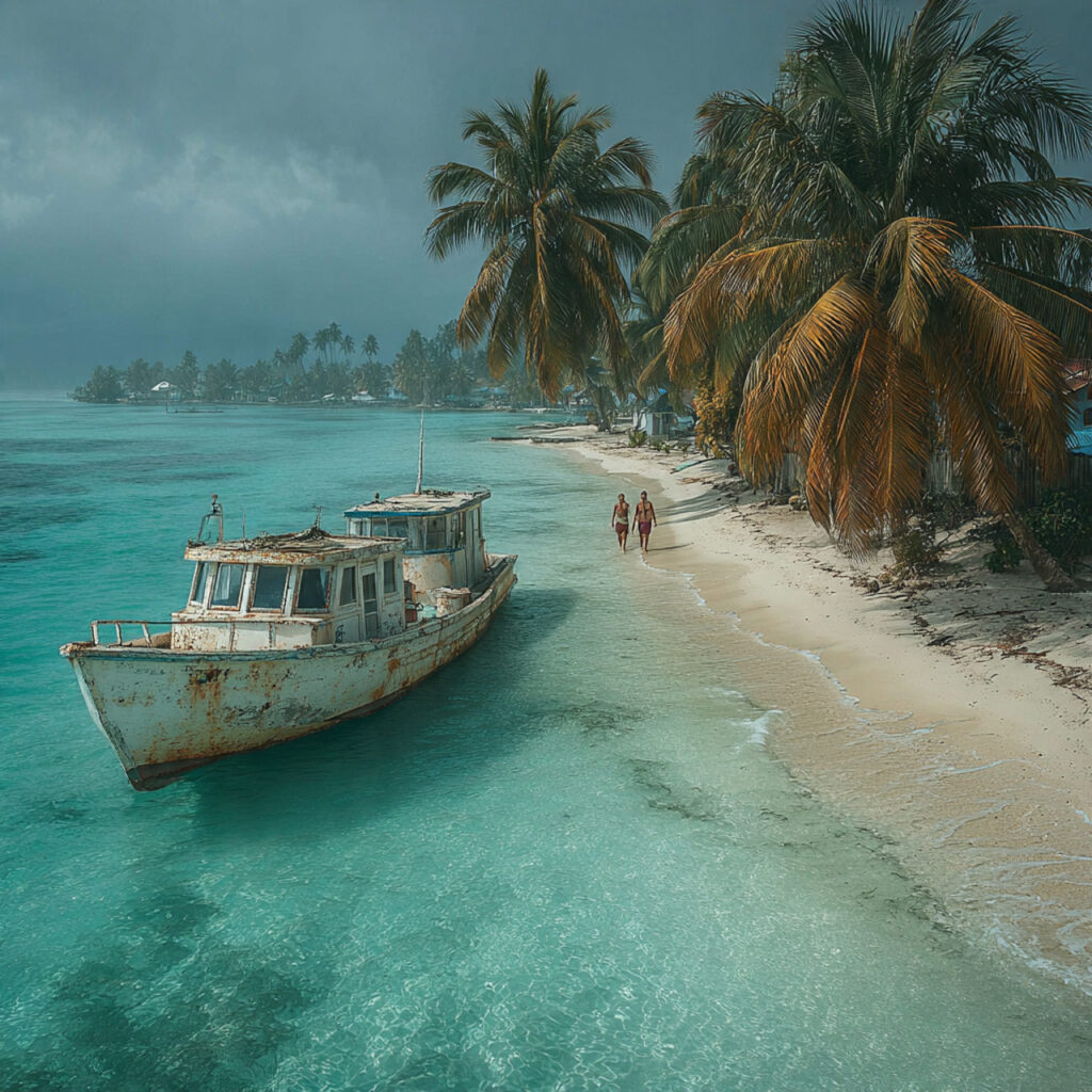 empty tropical beach small ferry near the