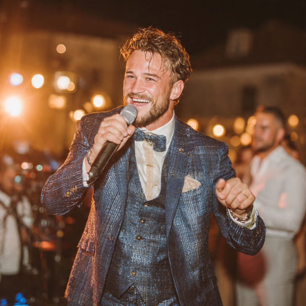 energetic polish wedding toastmaster leading reception microphone