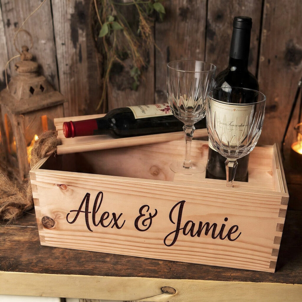 engraved wooden wine box with couple s names