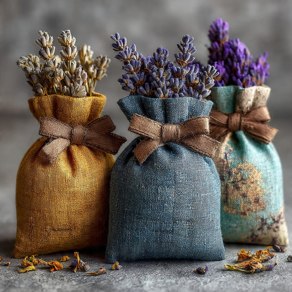 fabric sachets filled with lavender tied with