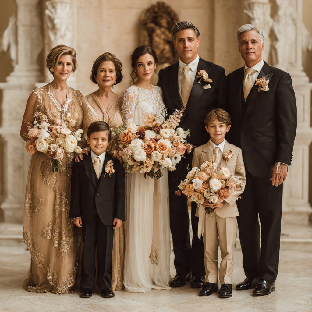 family group photo at wedding altar everyone