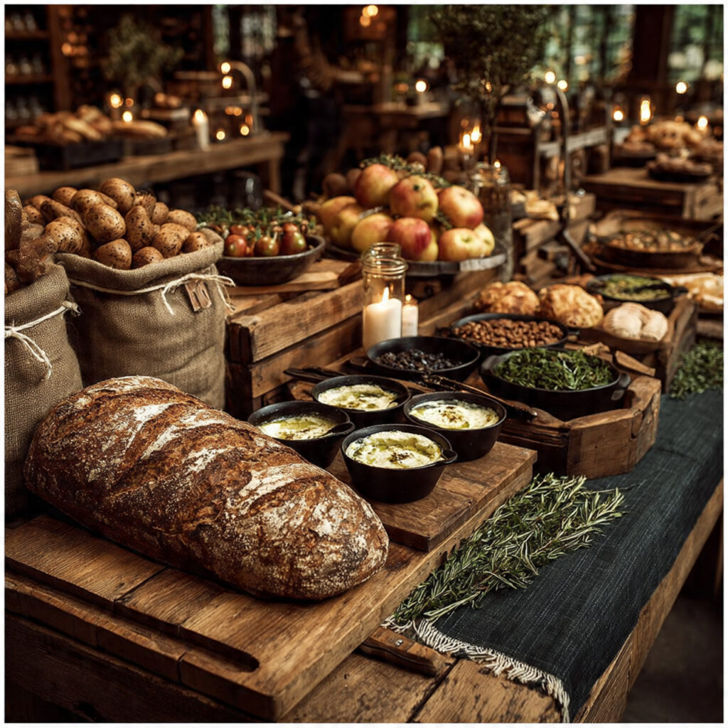 farmhouse style grazing table with wooden boards burlap