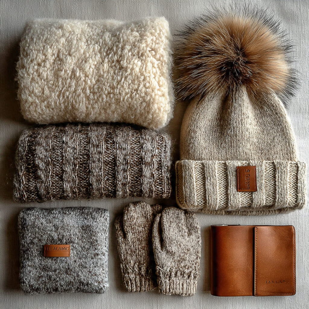 fashion flat lay of fur trimmed hat and gloves