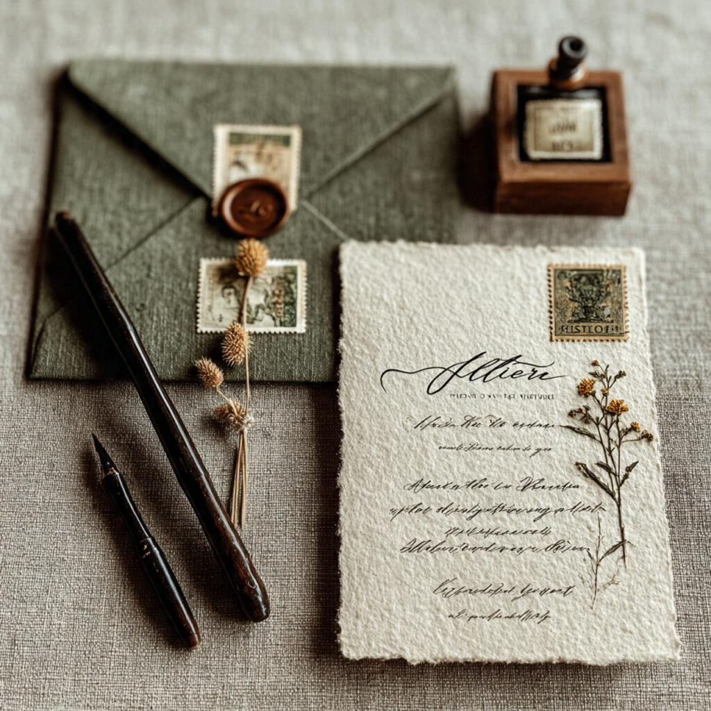 flat lay of elegant wedding invitations envelopes