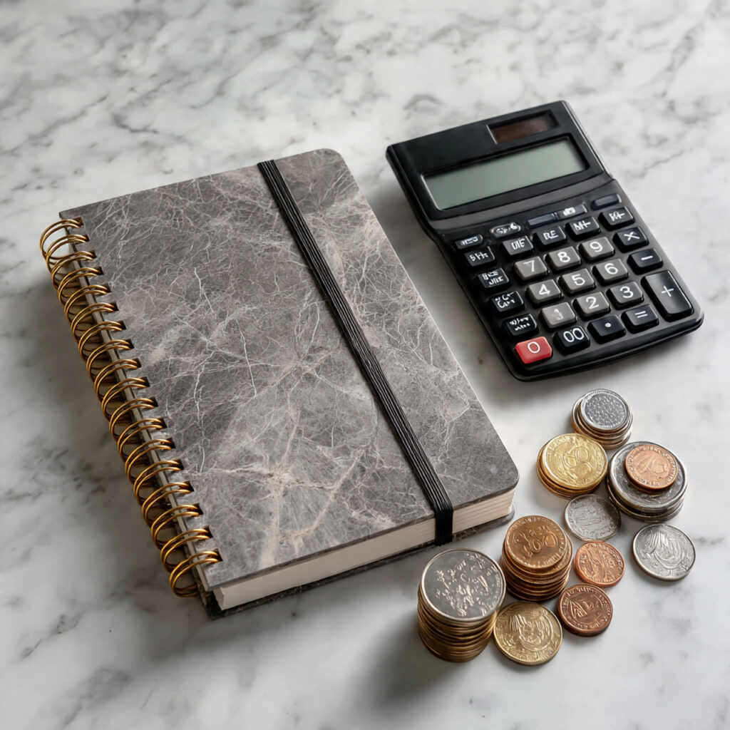 flat lay of wedding budget planner notebook