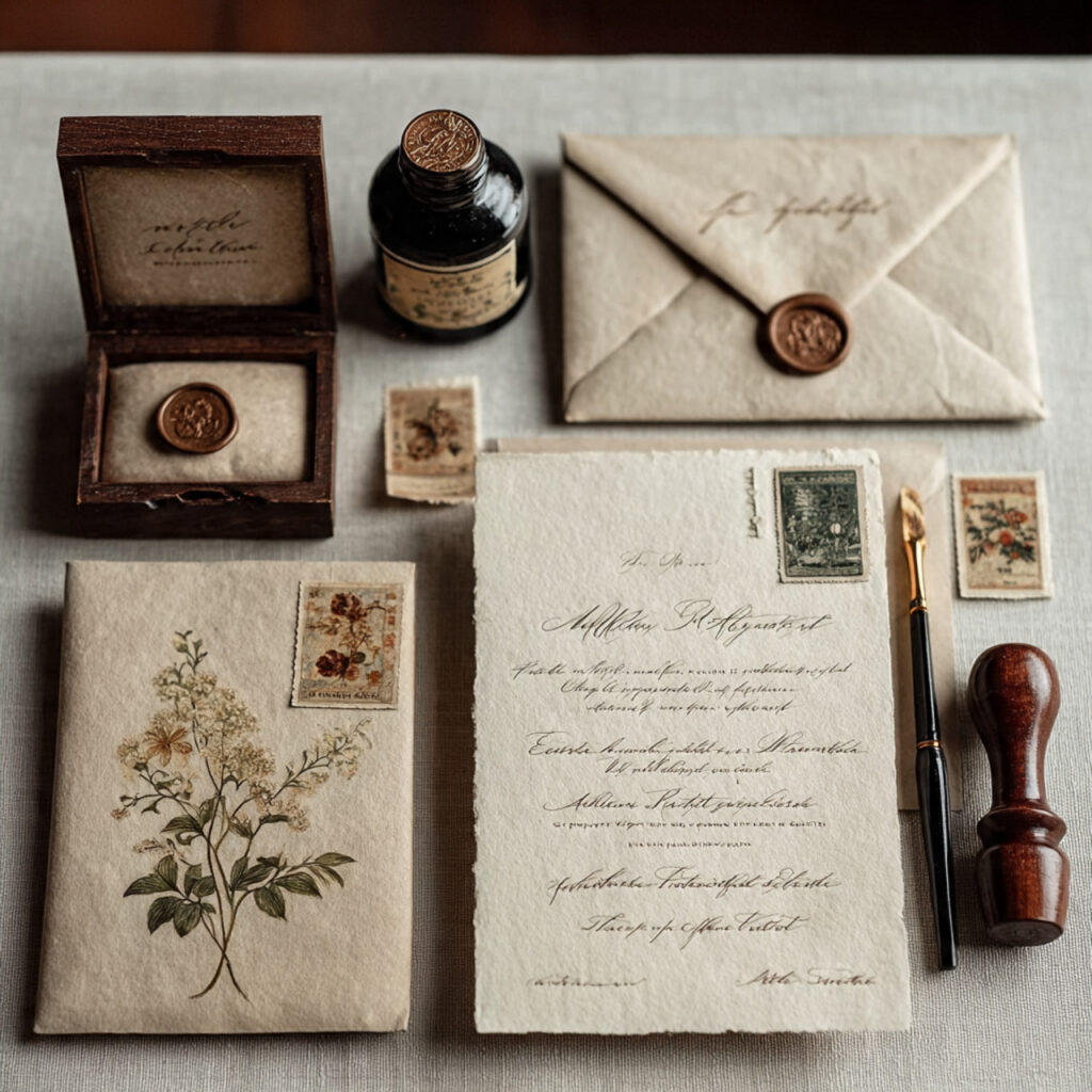 flat lay of wedding invitations envelopes wax seals
