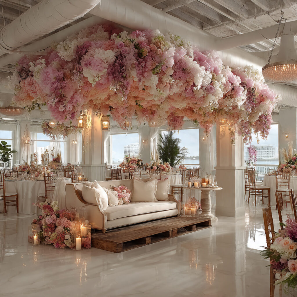 floating floral cloud wedding installation suspended blooms 1