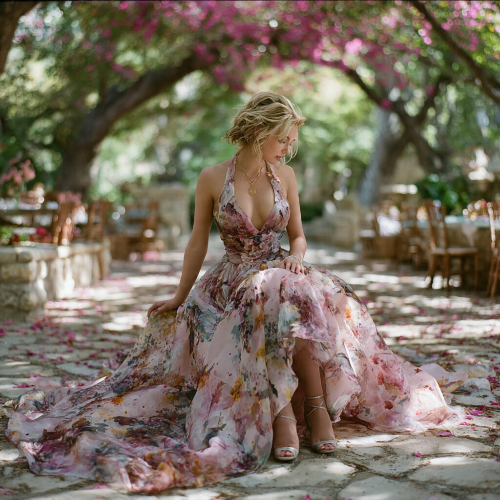 floral printed wedding gown with watercolor style botanicals