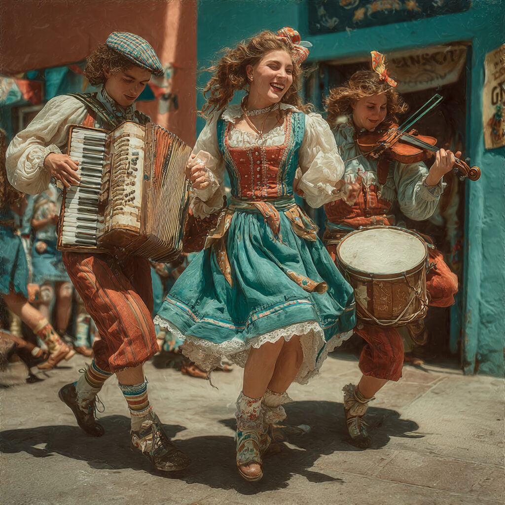 folk musicians playing accordion violin and drum