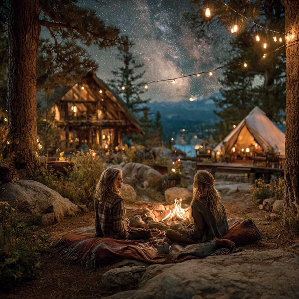forest camping scene with women around campfire