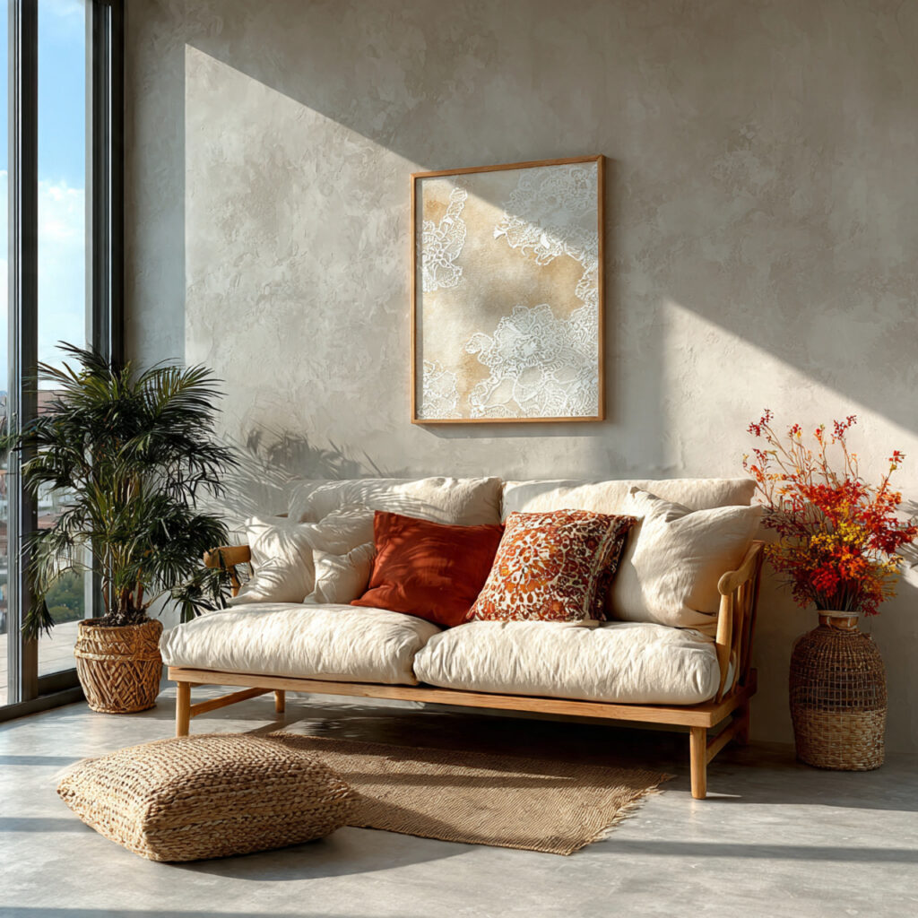 framed lace artwork hanging on a modern