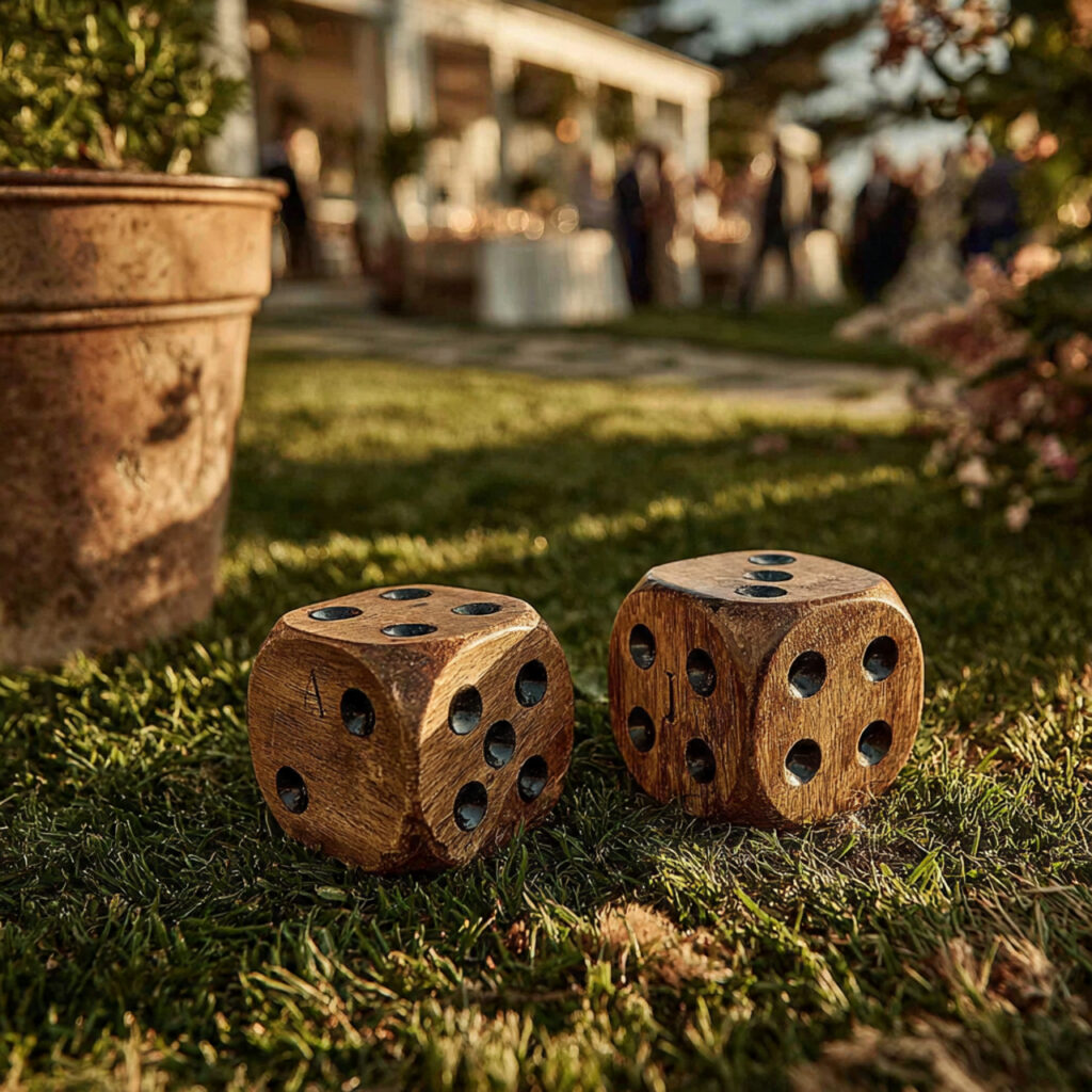 giant wooden dice rolling on grass at