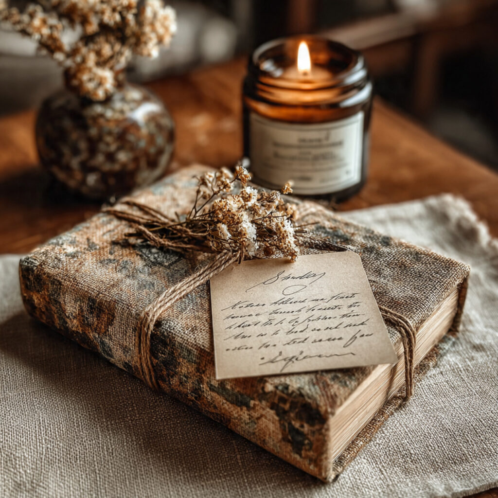 gift wrapped book with a handwritten note beside
