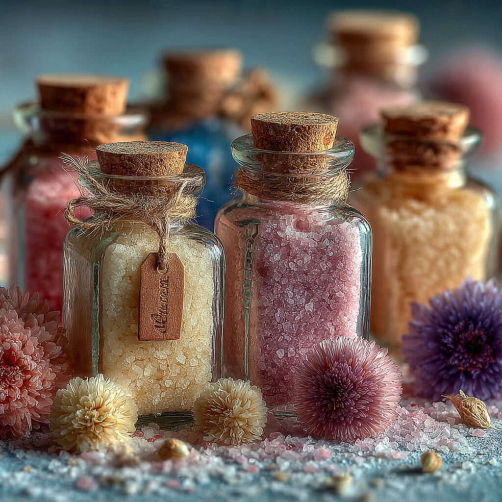 glass jars filled with herbal bath salts