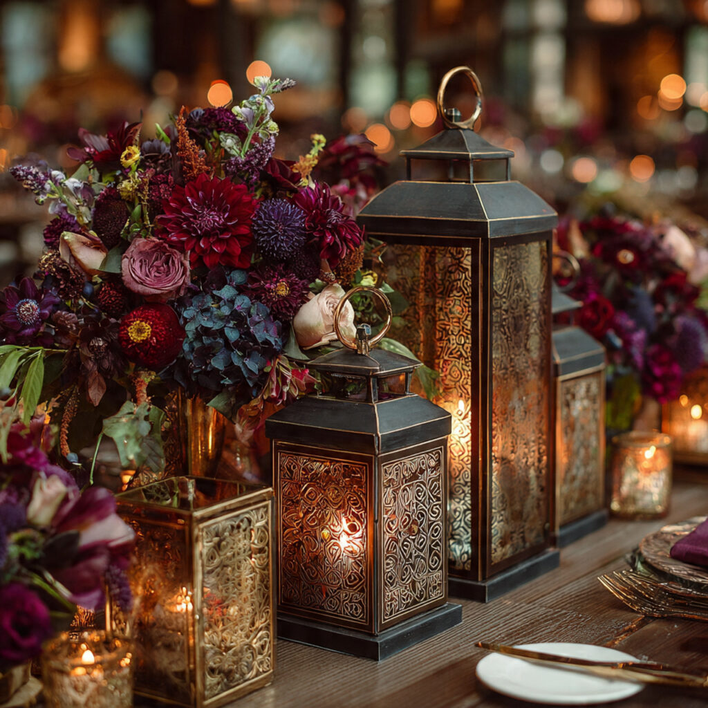 gold metallic lantern centerpiece paired with jewel tone
