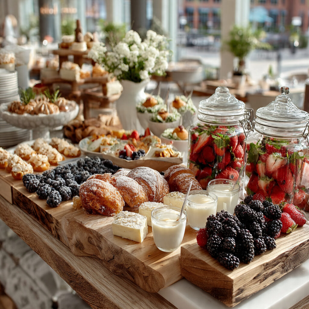 21 Bridal Shower Etiquette rules to Plan a Beautiful and Polished Event 7 grazing table with fresh fruit pastries drinks