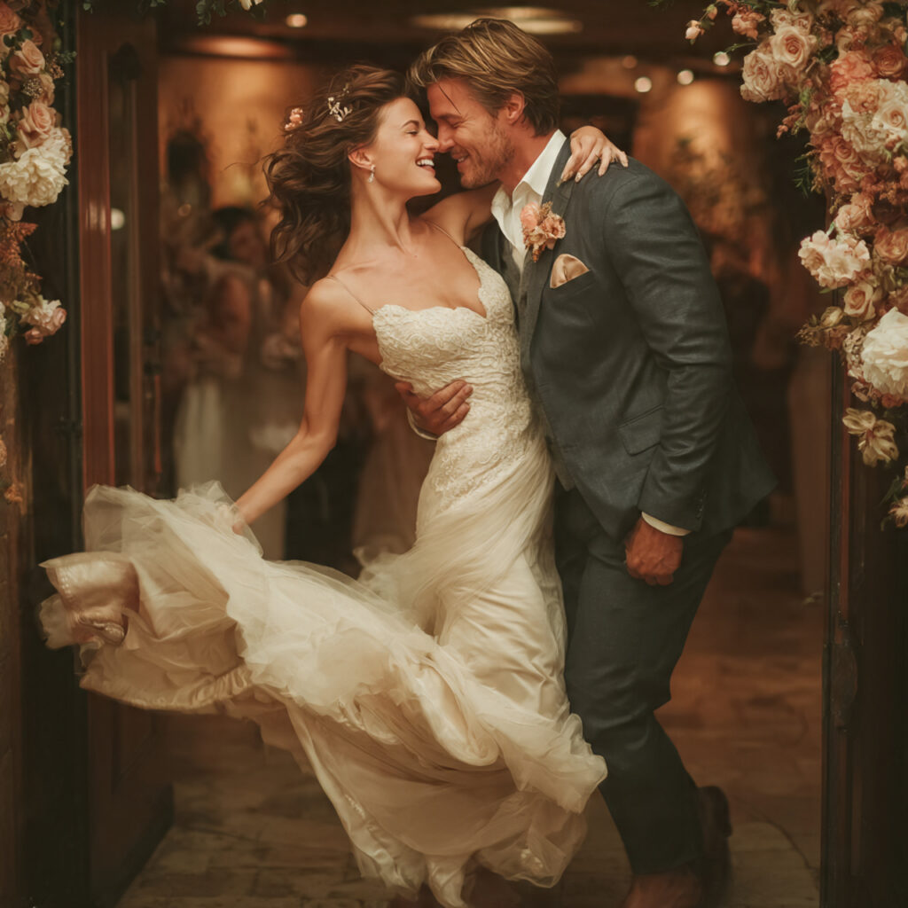 groom lifting bride at venue entrance joyful 1