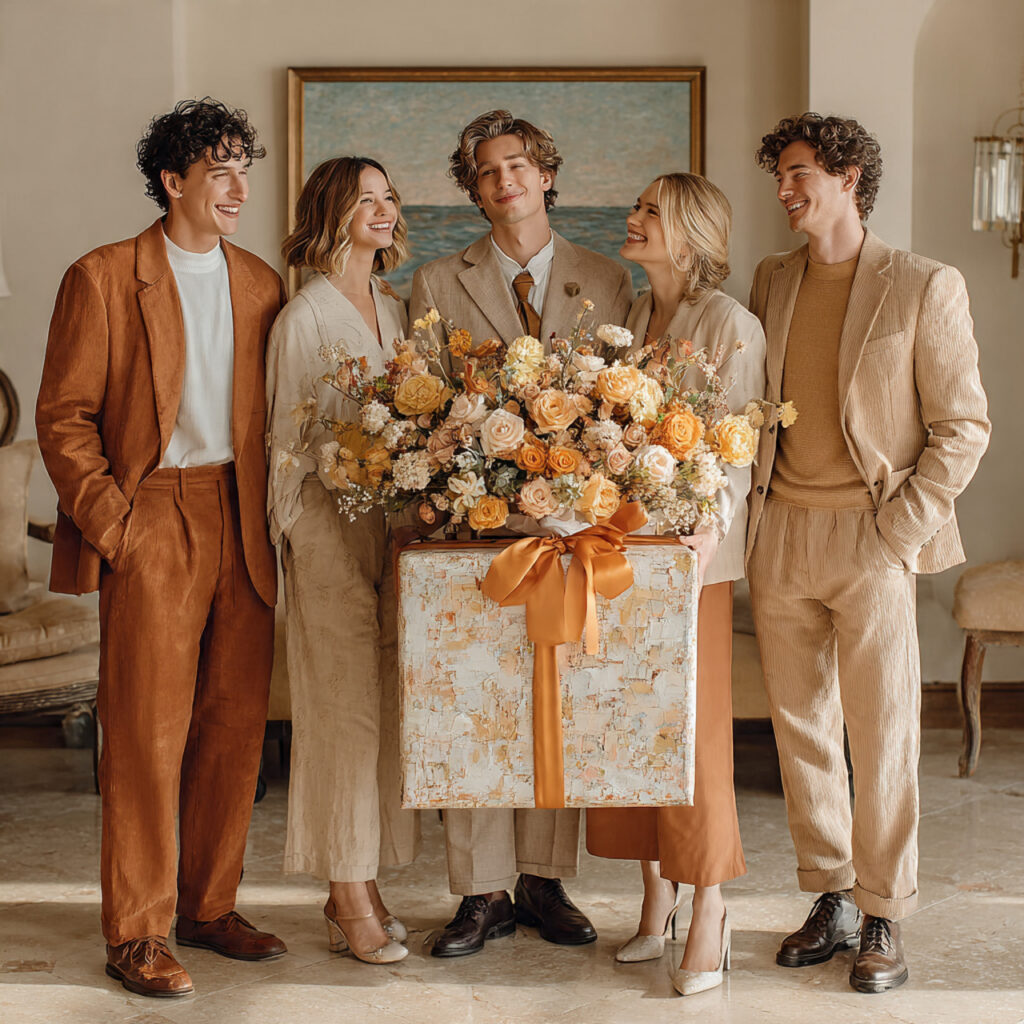 group of friends presenting a large shared