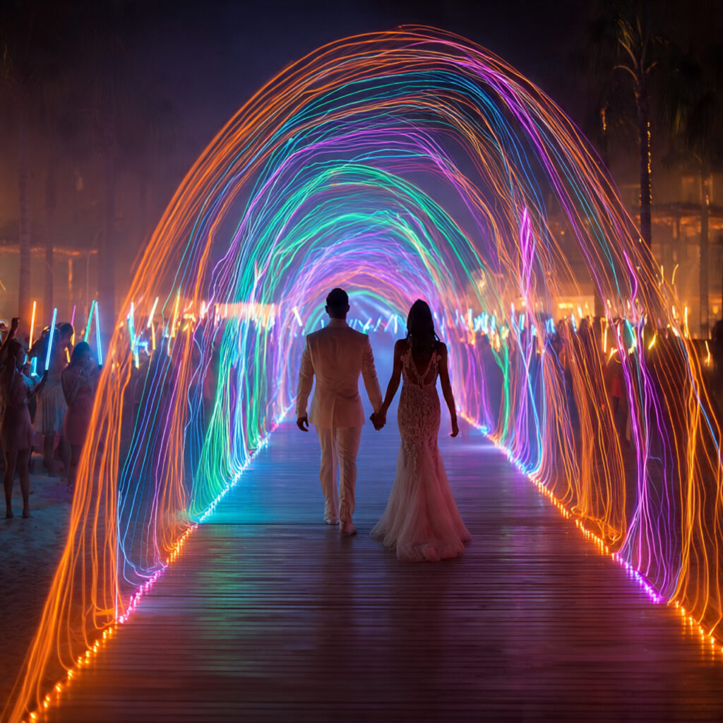 18 Stunning Wedding Send Off Ideas for an Unforgettable Exit 6 guests holding neon glow sticks overhead forming
