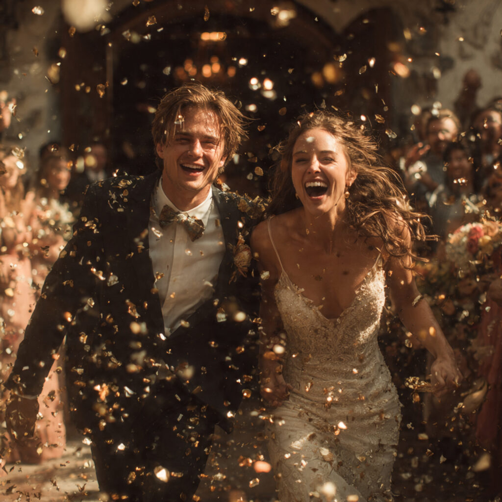 guests throwing coins as couple exits church