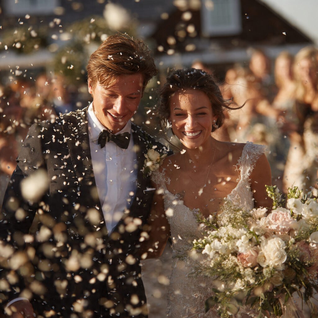 guests throwing rice or flower petals as
