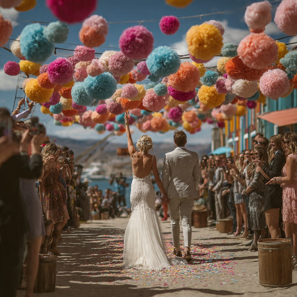 18 Stunning Wedding Send Off Ideas for an Unforgettable Exit 17 guests waving colorful fabric pom poms overhead joyful