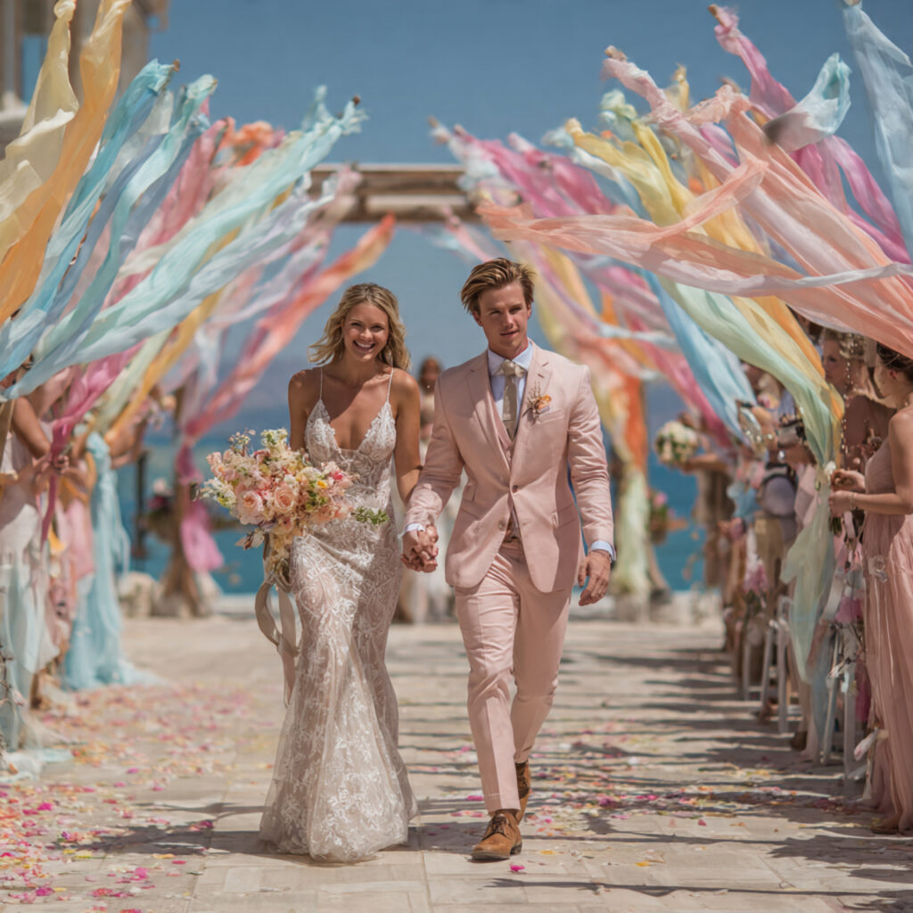 18 Stunning Wedding Send Off Ideas for an Unforgettable Exit 2 guests waving long satin ribbon wands in