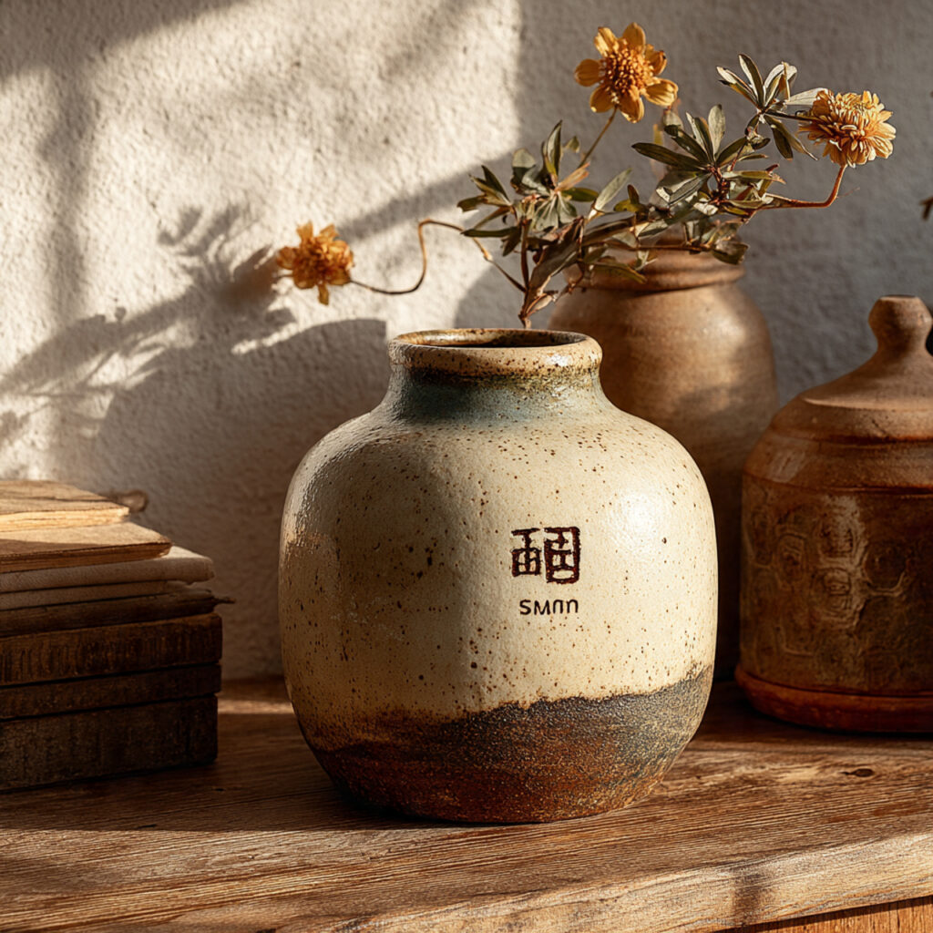 handcrafted ceramic vase with engraved couple initials