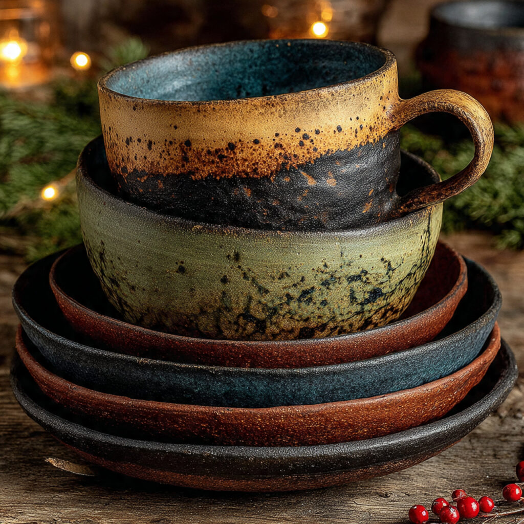 handcrafted pottery dinner set with earthy tones