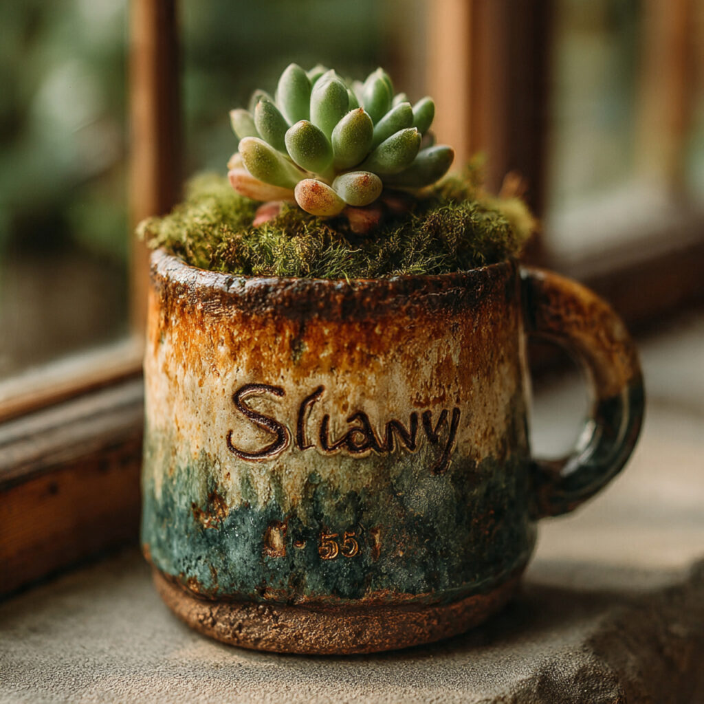 handcrafted pottery plant pot with engraved couple