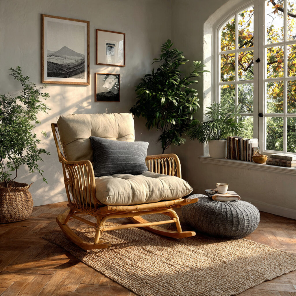 handcrafted willow rocking chair in a sunlit