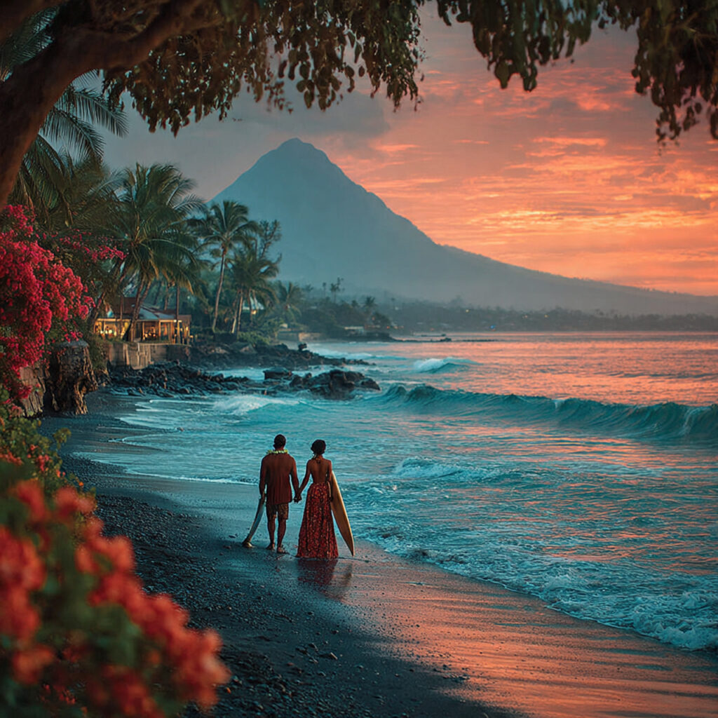 hawaiian beach wedding style honeymoon scene couple on