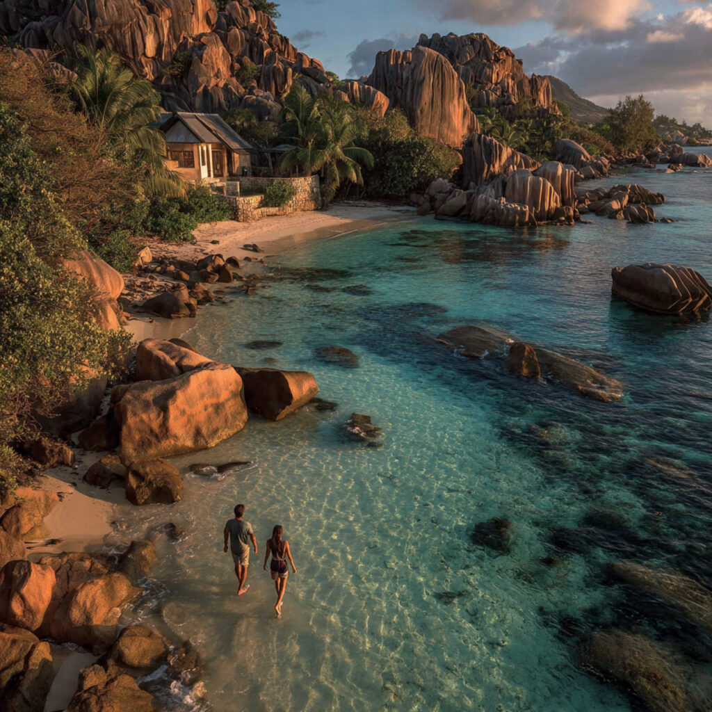 hidden beach in seychelles with granite boulders