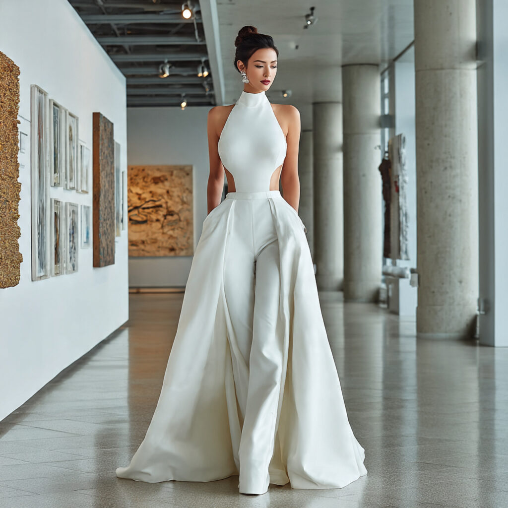 high neck minimalist wedding gown with clean architectural