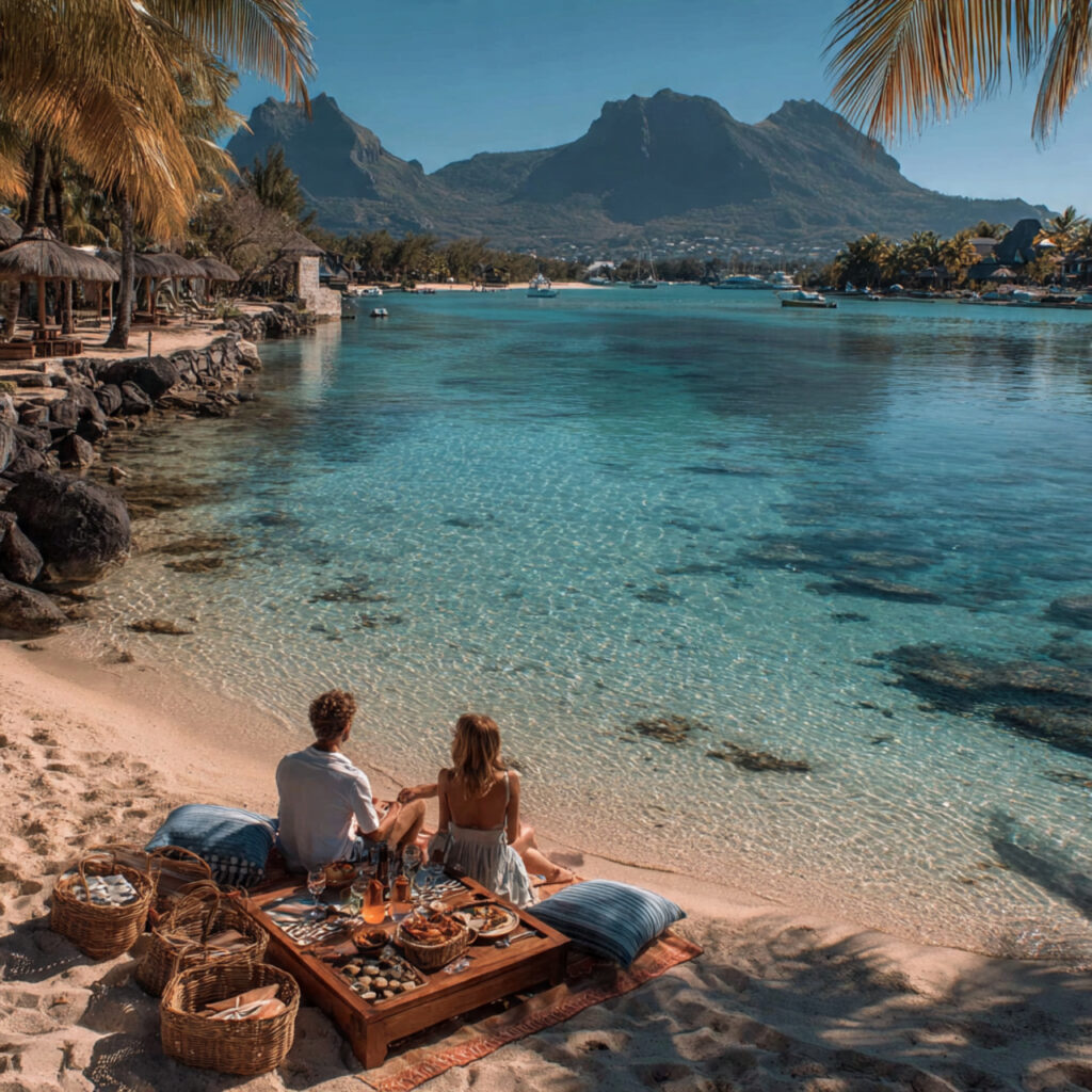 honeymoon couple on beach in mauritius turquoise