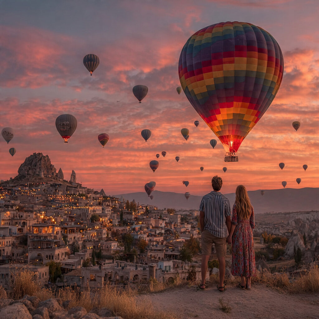hot air balloons over cappadocia rock formations
