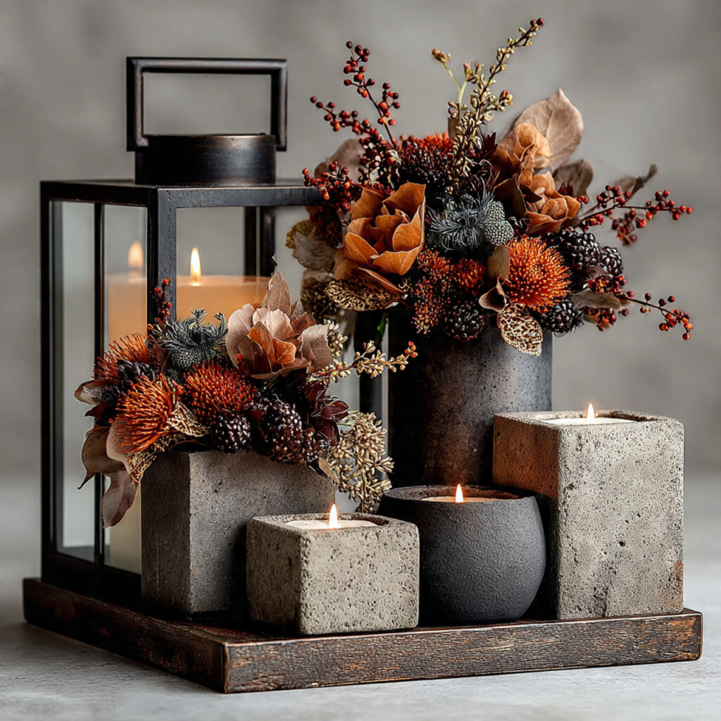 industrial pipe frame lantern centerpiece with concrete accents