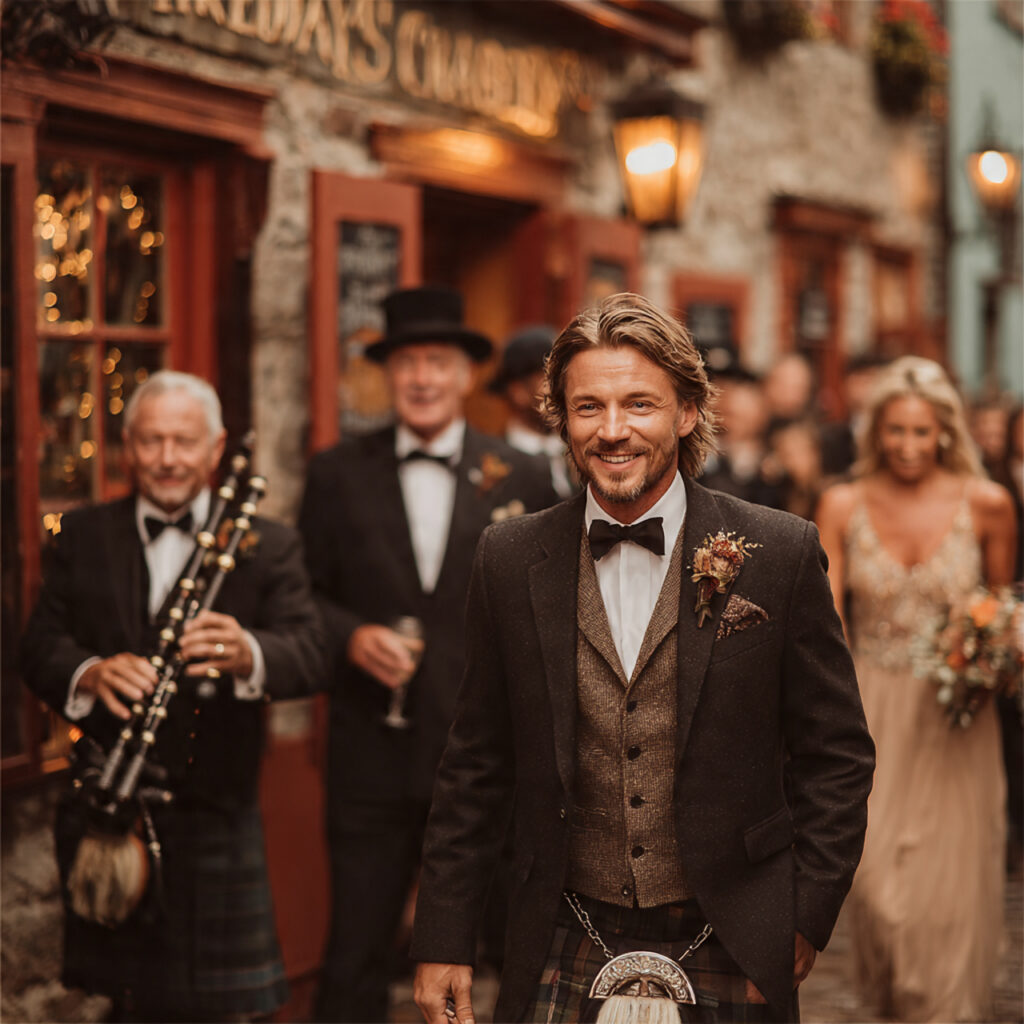 irish groom arriving at wedding ceremony with