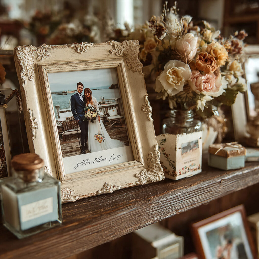 lace bordered photo frame displayed on a wooden