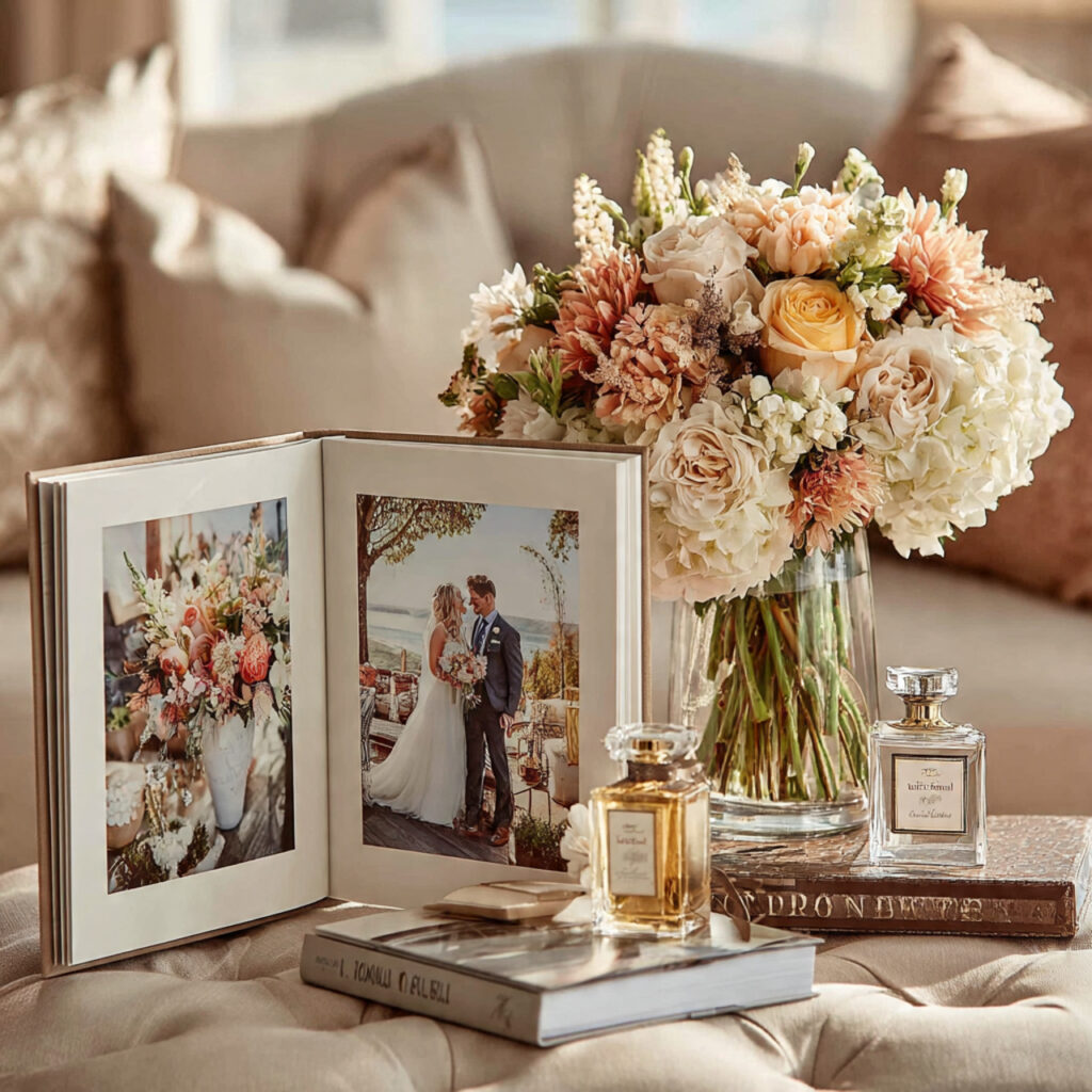 lace covered photo book open on a table