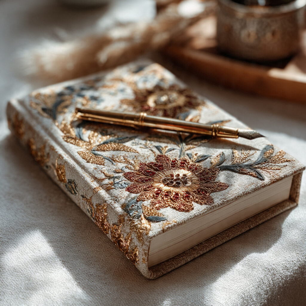 lace embossed journal on a wooden desk with