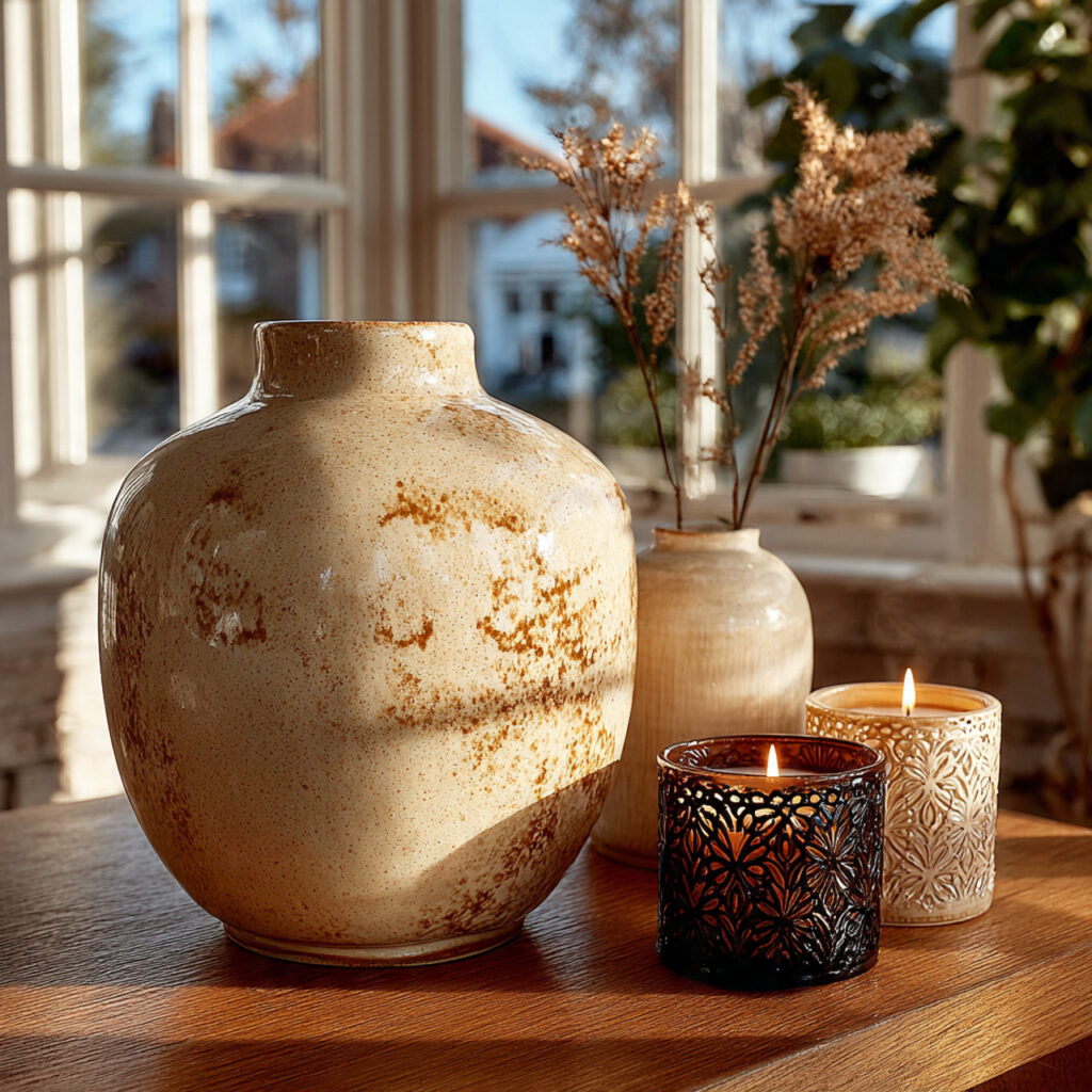 lace patterned ceramic vase and candle holders on