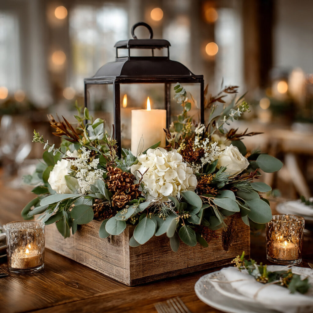 lantern centerpiece inside seasonal greenery ring eucalyptus cedar