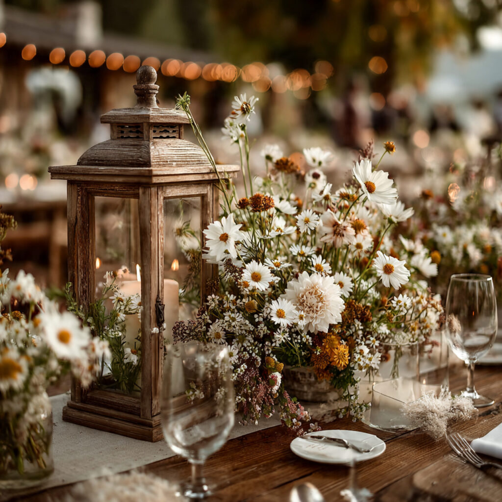 lantern centerpiece set in mini wildflower meadow