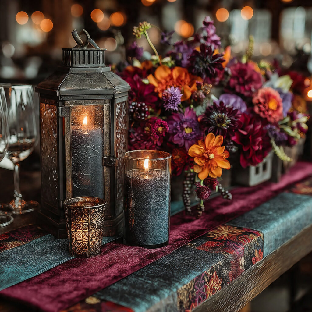 lantern centerpiece styled with deep velvet ribbons