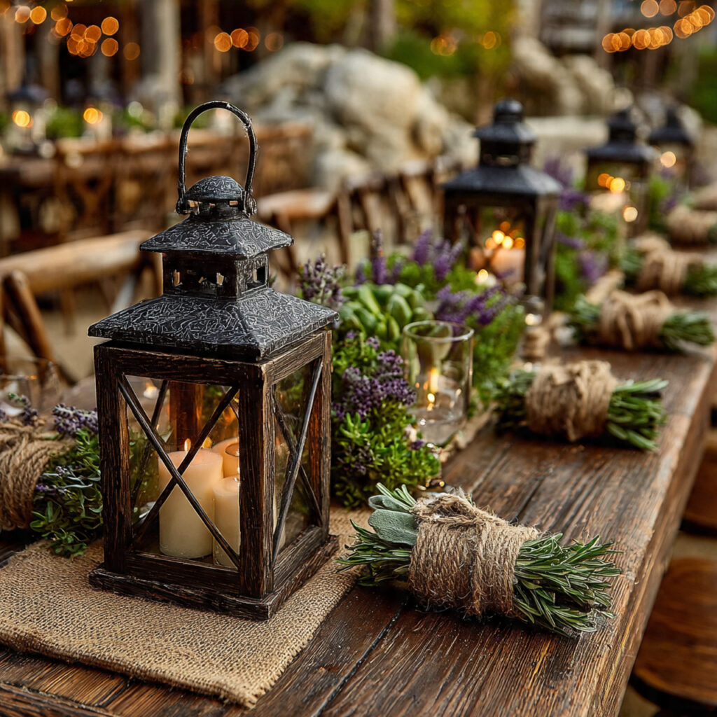 lantern centerpiece surrounded by fresh rosemary sage