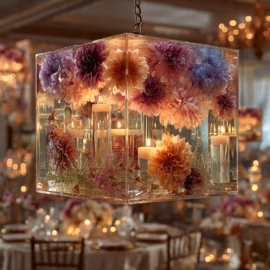 lantern featuring suspended flowers floating in air