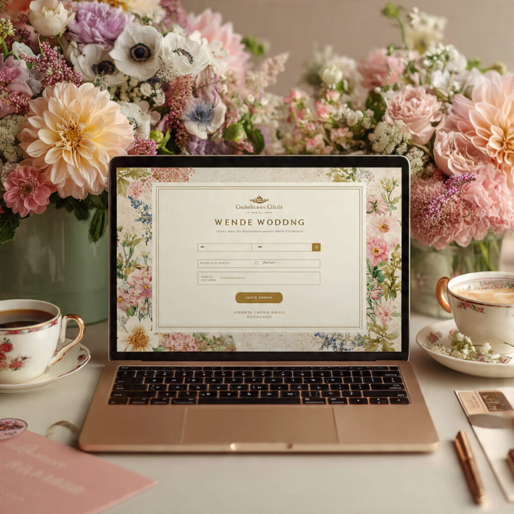 laptop displaying elegant online wedding rsvp page