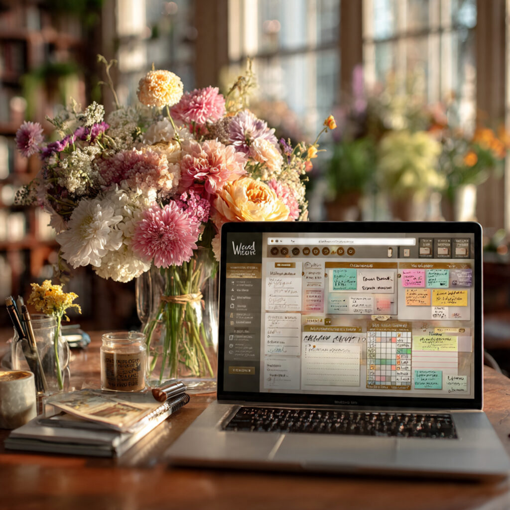 laptop screen showing wedding planning app with